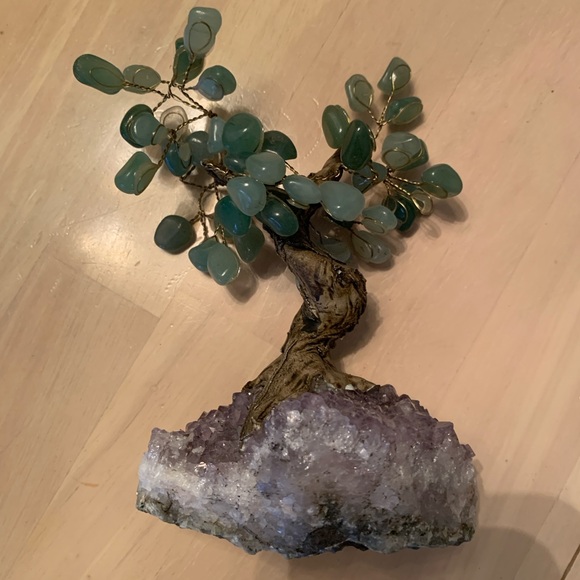 unbranded Other - Handcrafted Bonsai Tree Aventurine Leaves On Natural Amethyst Crystal Cluster.